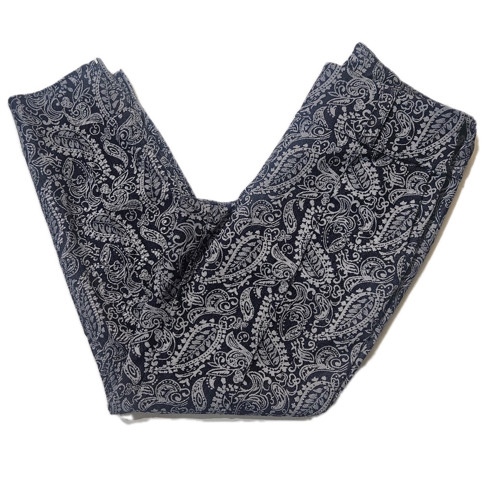 Jofit Dress Pants Womens Small‎ Blue Paisley Pull On Straight Leg Stretch Twill